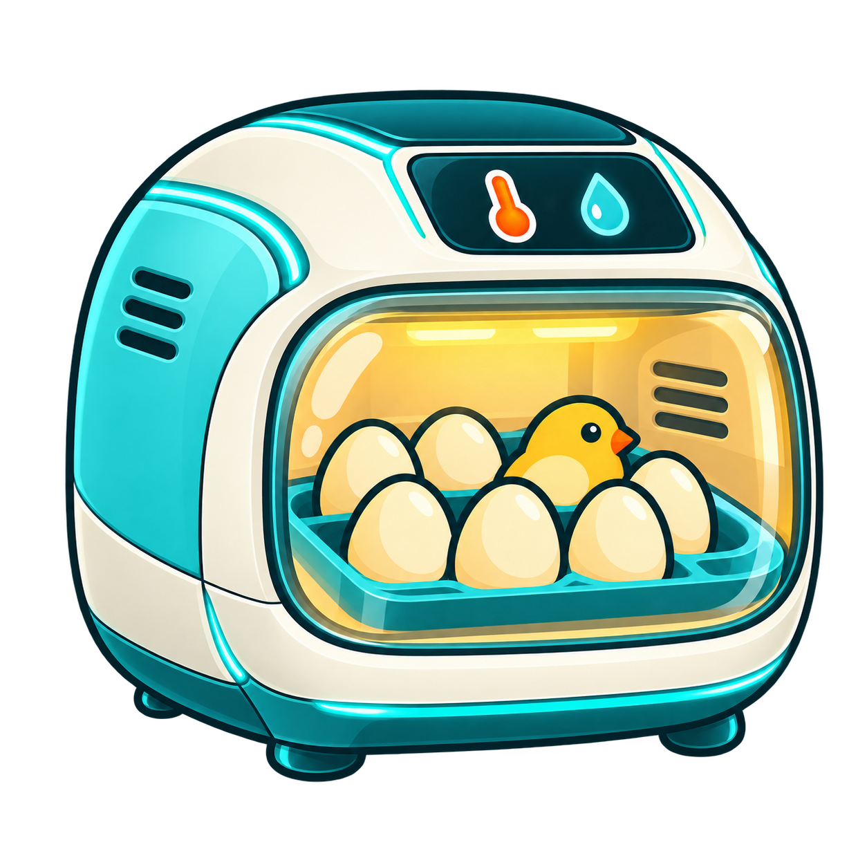 Illustrated incubator concept with eggs and a chick inside